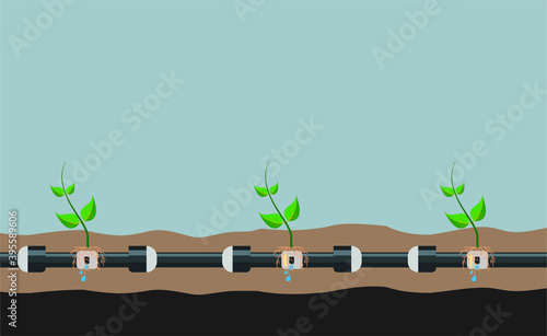 Underground or in ground drip irrigation system. Water irrigation. Automatic sprinklers system. Vector illustration flat design. Smart farming application concept. Saving water and time