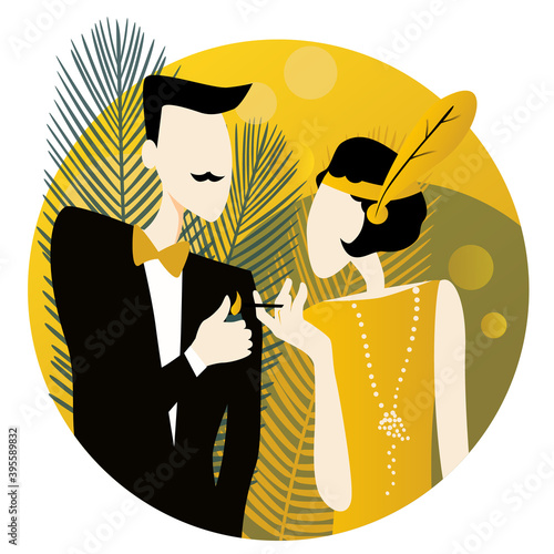 Couple at a party in the style of the early 20th century, Gentleman gives a smoke to the lady.