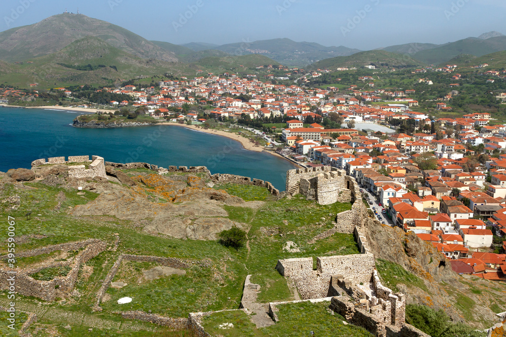 The town of Myrina, in Lemnos island, Greece, and part of the castle of the town. The local medieval castle is one the largest in the Mediterranean.
