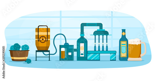 Process of beer manufacturing. Concept of alcohol industry. Filtration, boiling, brewing, sedimantation, fermentation and packaging bottles with beers. Flat cartoon vector illustration