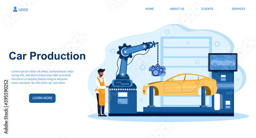 Black mechanic is managing process of automated car production. vehicle parts on the machinery line with robotic hands. Web page, website, landing template. Flat cartoon vector illustration