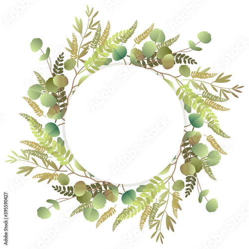 Round frame of leaves. Botanical pattern on a white background for invitations, congratulations, cards, covers, posters, scrapbooking. Vector illustration