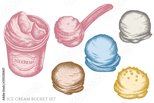 Vector set of hand drawn pastel ice cream bucket, ice cream scoop, ice cream balls