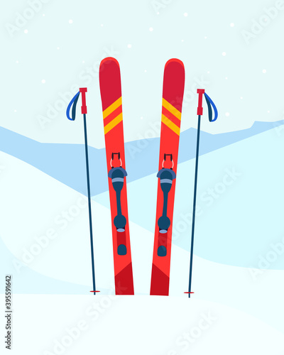 Blue ski equipment at the ski resort. Snowy mountains and slopes, winter evening and morning landscape, sunset, sunrise. Vector illustration.