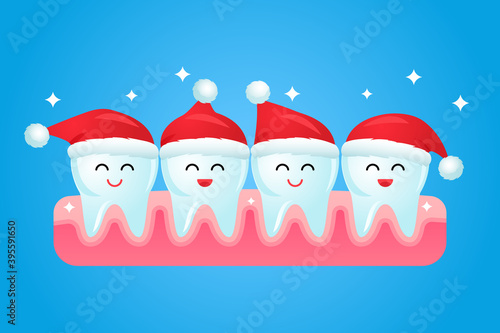 cute cartoon teeth in red Santa Claus hat smiling.