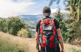 Hiker with backpack looking on mountain