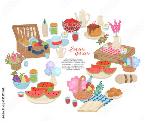 Picnic food and drink collection. Invitation card for party. Vector cartoon illustration