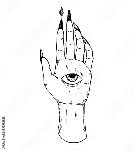 Mystic and occult hand. Palm with an all-seeing eye. Mystical print. Hand drawn vector illustration.