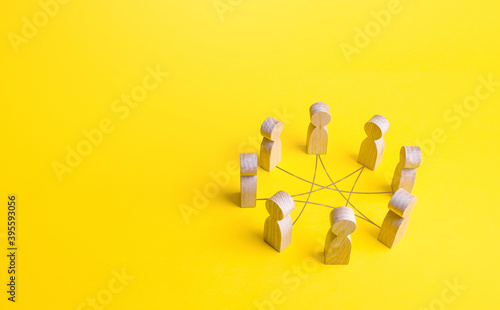 People in circle connected by line curves. Involvement in a collaborative workflow. Teamwork. Negotiation and dialogue. Business meeting. Conference, forum. Joint development of solutions to problems.