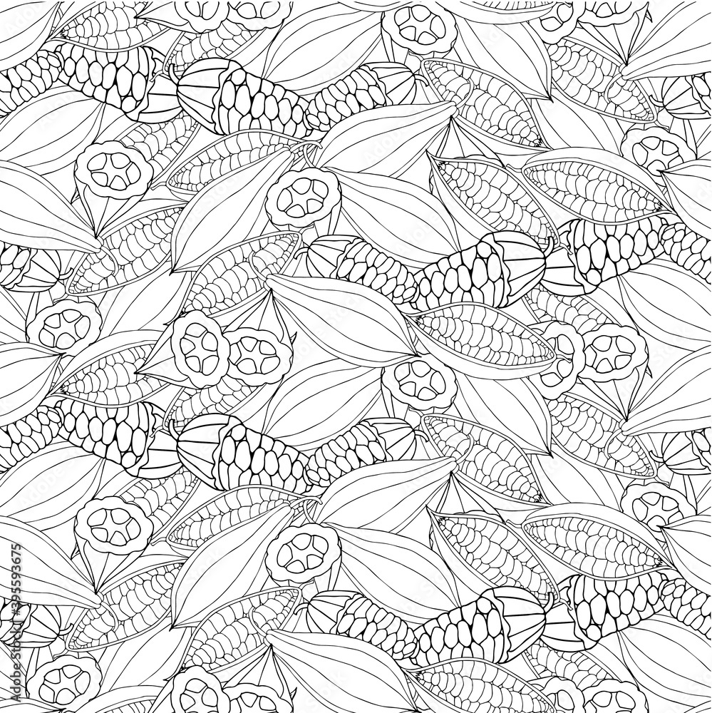Fototapeta premium Cacao bean monochrome sketch seamless pattern art design stock vector illustration for web, for print, for product design, for product design