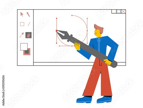 Young man with a big pent tool make an artwork. Person studying graphic design. Online digital course. Illustrator interface. Flat vector illustration hand drawn style isolated on white