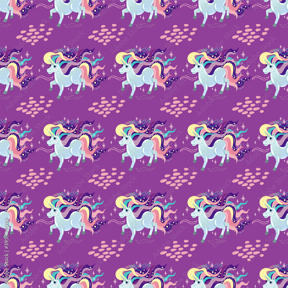 Fototapeta premium Unicorn pattern. Vector seamless pattern with white unicorns, rainbow and stars. Isolated on a purple background.