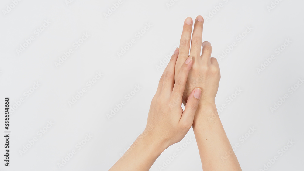 Male Hand washing gesture on white background.