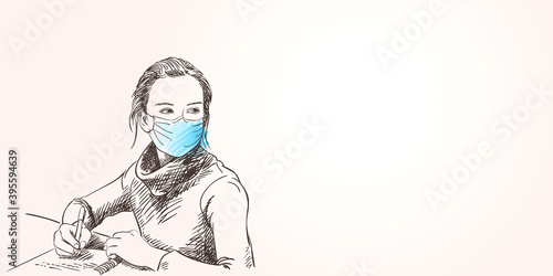 Sketch of teenage girl in medical face mask sitting at the table, writing in notebook, looking thoughtfully aside. School education at coronavirus pandemic, Vector hand drawn illustration