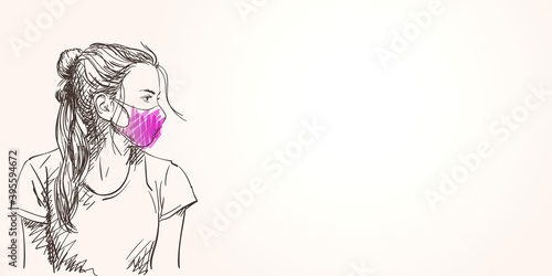 Sketch of teenage girl portrait in purple protective face mask, Coronavirus quarantine new normal. Long hair, thoughtfully looking to side, Vector hand drawn illustration, Banner template