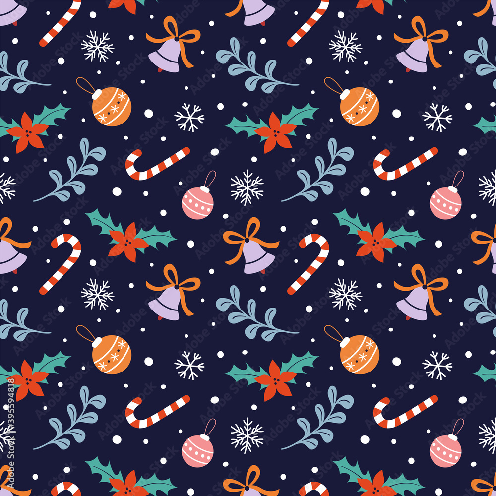 Christmas pattern. Christmas toys, candy canes, snowflakes, bells, poinsettia. Design for wrapping paper. Christmas pattern. Christmas toys, candy canes, snowflakes, bells, poinsettia. Design for wrapping paper.