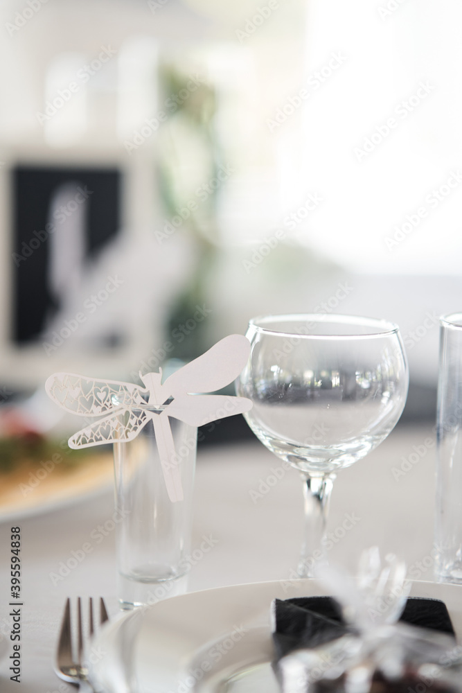 Table set for an event party or wedding reception. Table set for an event party or wedding reception.