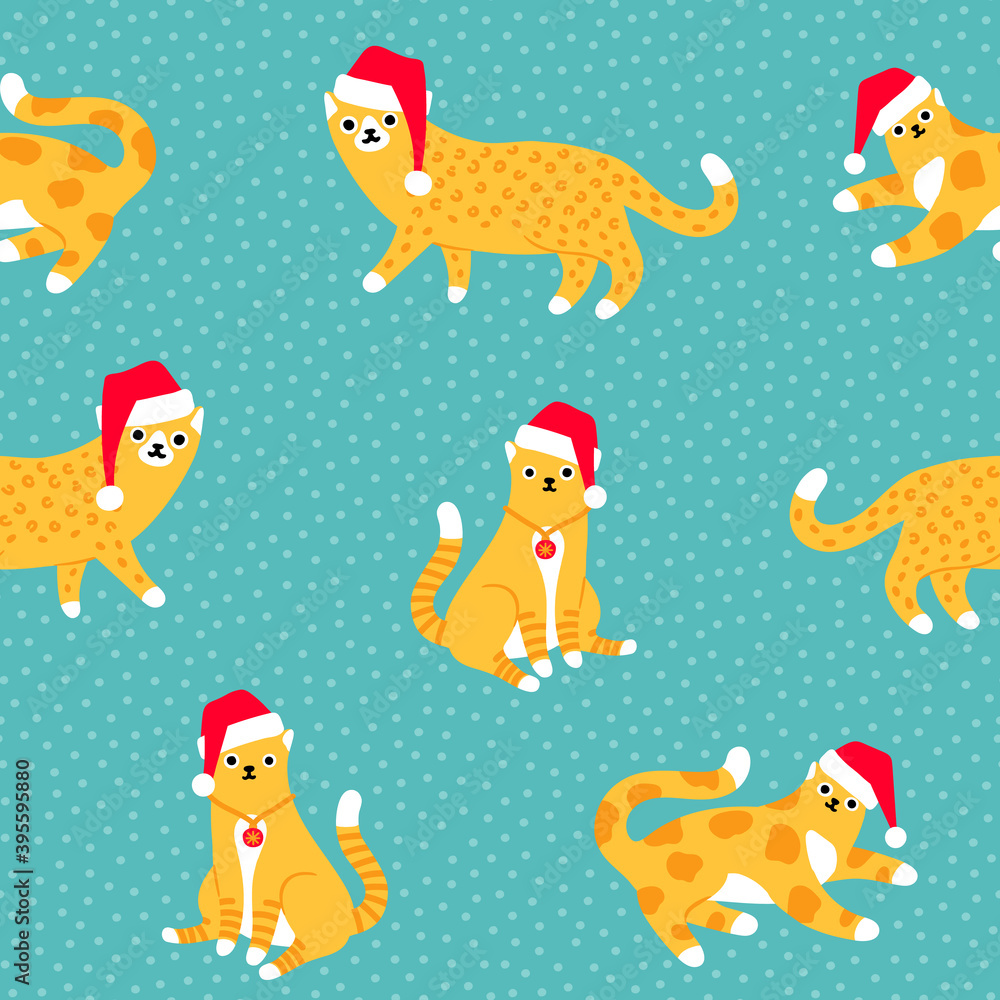 Christmas leopard and tiger cats in Santa's hats on pastel blue polka dot background seamless pattern.
