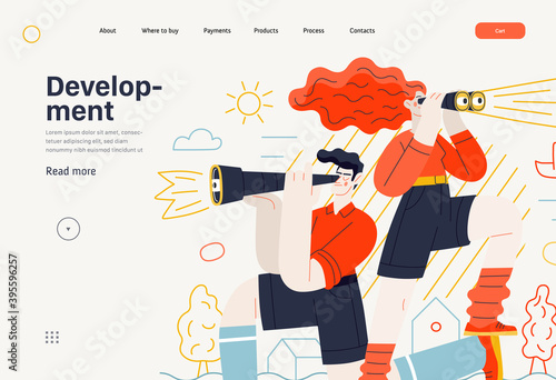 Business topics - development, research, web template. Flat style modern outlined vector concept illustration. Young man looking through the telescope and a woman with binoculars. Business metaphor.