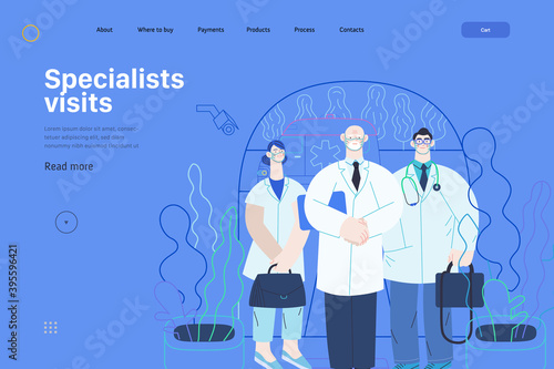 Medical insurance -specialists visit -modern flat vector concept digital illustration - medical specialists standing at the private residence entrance door Home medical service, part of insurance plan