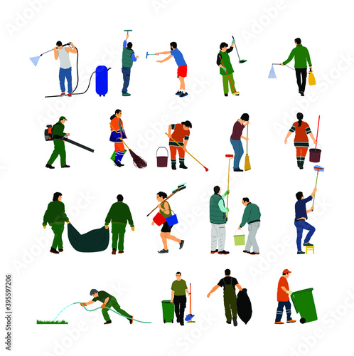 Cleaning lady wit broom. Housemaid cleaner with besom vector illustration. Woman floor care service, washing mop. Housework job. House wife. Worker man washing car. Gardener landscaper clean activity.