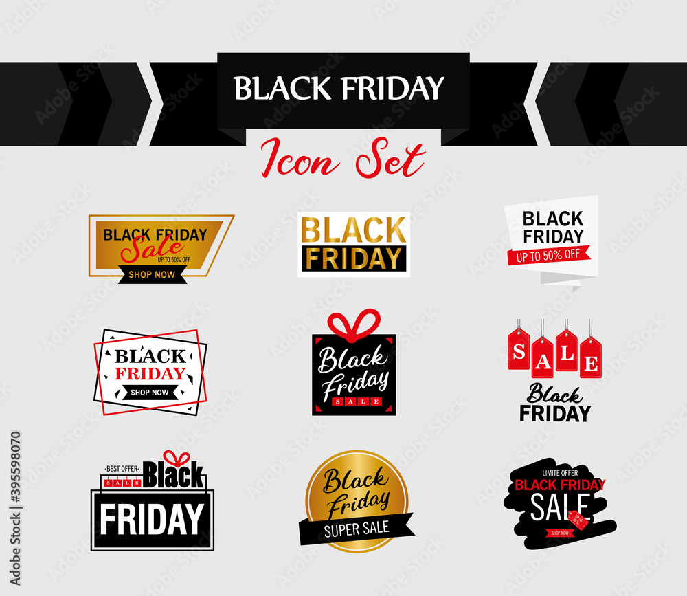 bundle of nine black friday sale letterings and ribbon frame vector illustration design