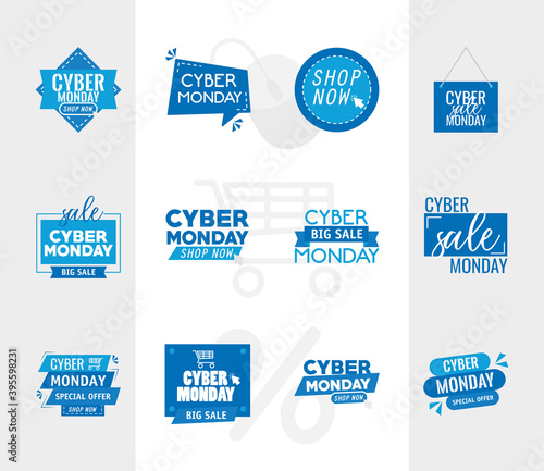bundle of twelve cyber monday banners vector illustration design