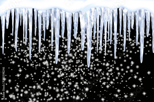Set of snowy icicles and caps on winter background.