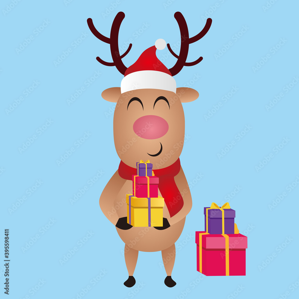 Fototapeta premium Illustration graphic vector of Christmas reindeer brings gifts, Christmas cartoon deer, (moose), merry christmas, vector illustration
