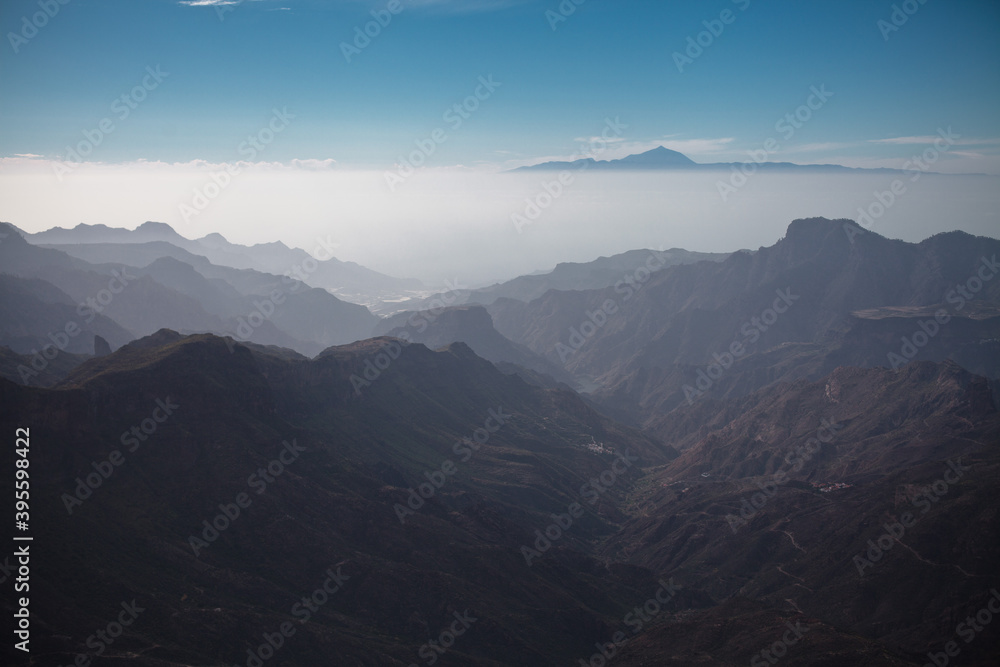 Fogy morning in the mountains. Beautiful landscape of atlantic islands, Gran Canaria, Canary Islands, Spain