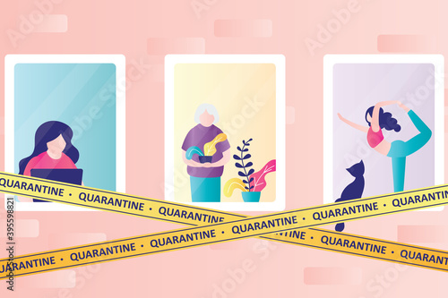 Stay home concept background. Part of building with windows. Various people in their apartments. Self-isolation or quarantine.