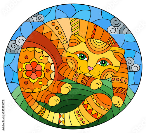 Illustration in stained glass style with abstract cute red cat on a blue background, oval image