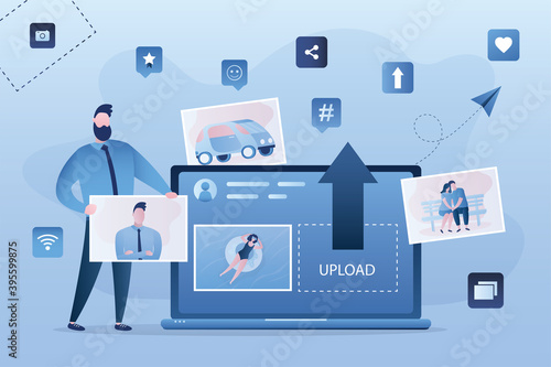 Male character uploads photos to social networks. Laptop with social media page on screen