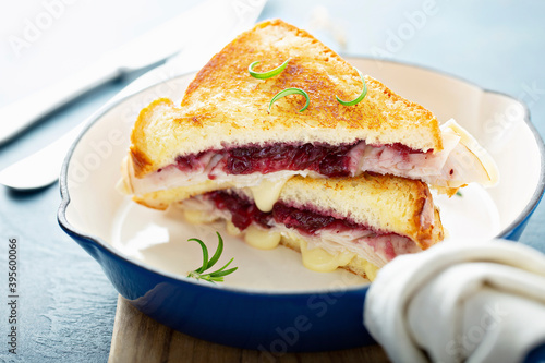 Grilled cheese sandwich with turkey, provolone and cranberry jam photo