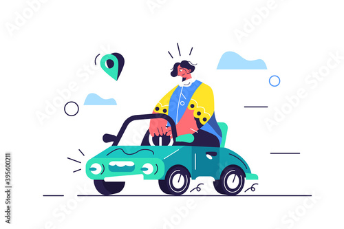 Girl rides in car, small car with character, pin, isolated on white background, flat vector illustration