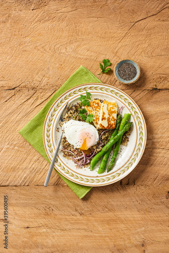 Warm Quinoa Salad with Asparagus Poached Egg and Halloumi