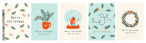 Set Christmas cards with Christmas tree, wreath, christmas elements. Vector illustrations 