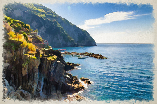 Watercolor drawing of Rocks and cliffs coastline of Riviera di Levante of National park Cinque Terre Coast © Aliaksandr