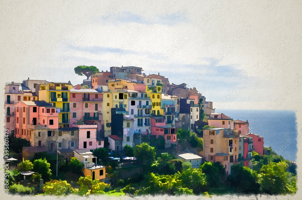 Fototapeta premium Watercolor drawing of Corniglia traditional typical Italian village in National park Cinque Terre