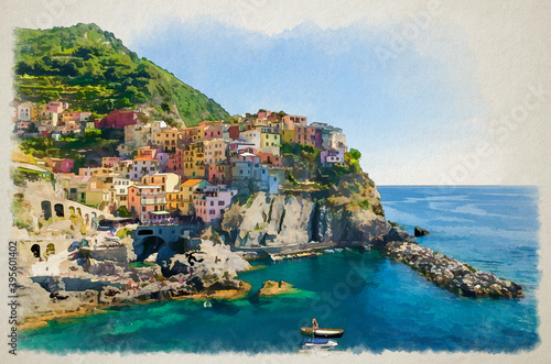 Watercolor drawing of Manarola traditional typical Italian village in National park Cinque Terre