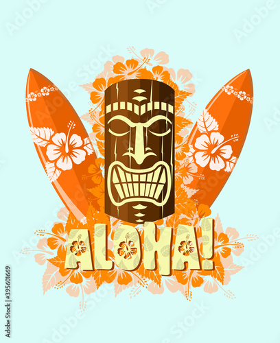 Vector illustration of orange tiki mask with surf boards