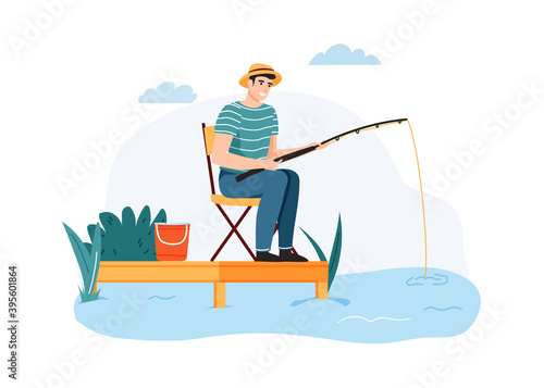 Man fishing. Guy sitting on chair with fishing rod waiting for fish, outdoor summer hobby. Male character having rest near river or lake. Leisure activity cartoon vector illustration