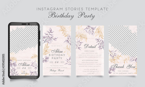 Instagram stories template for birthday party with floral frame