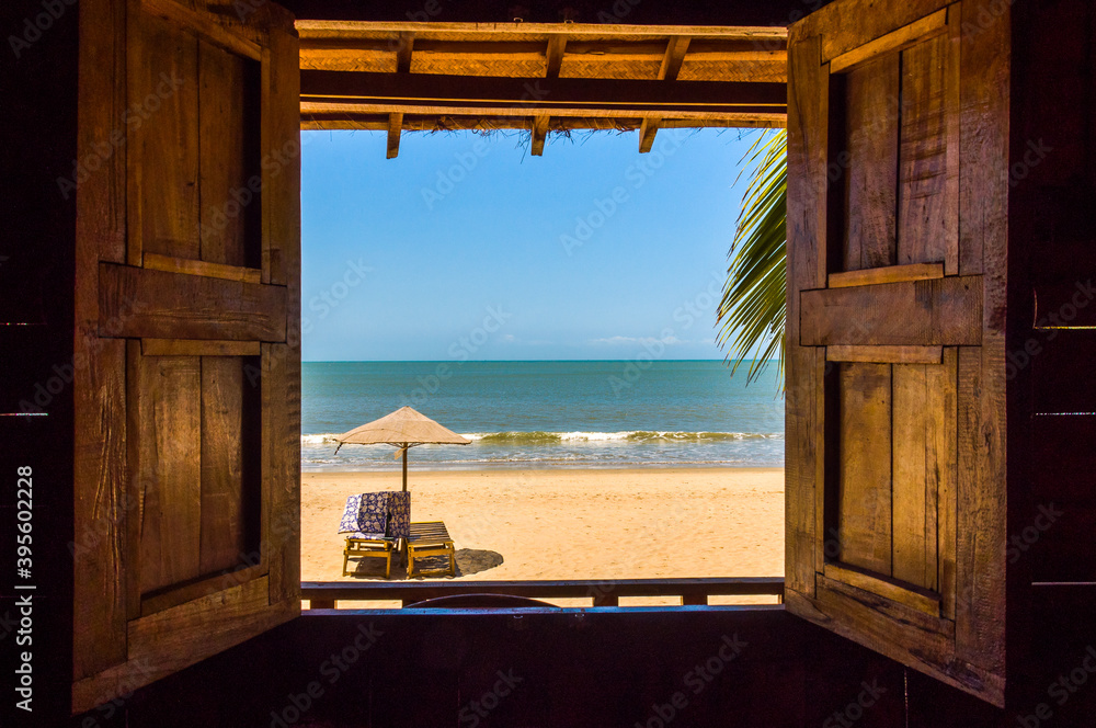 Wiew of indian ocean  from the bungalo window on the Palolem beach, GOA, India - obrazy, fototapety, plakaty 