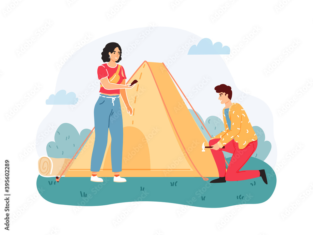 Fototapeta premium Man and woman set up or pitch tent on nature. Outdoor extreme leisure. Couple spending time actively in wildlife. Summer adventure and camping. Tourists having vacation vector illustration