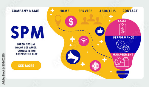 Vector website design template . SPM - Sales Performance Management acronym, business   concept. illustration for website banner, marketing materials, business presentation, online advertising.
