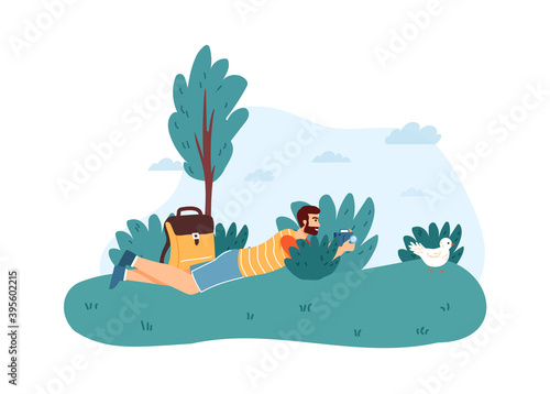 Man photographer lying in bushes and taking photo of bird. Male character holding camera and making picture, doing photo hunting in wild nature, traveling concept vector illustration