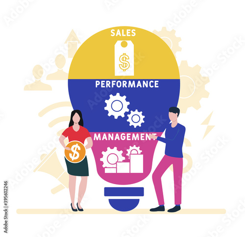 Flat design with people. SPM - Sales Performance Management acronym. business concept background. Vector illustration for website banner, marketing materials, business presentation, online advertisi