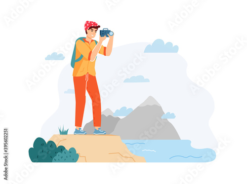 Man hiker taking photo of nature landscape. Guy traveler with backpack holding camera and shooting beautiful water view. Trekking, active lifestyle flat cartoon vector illustration
