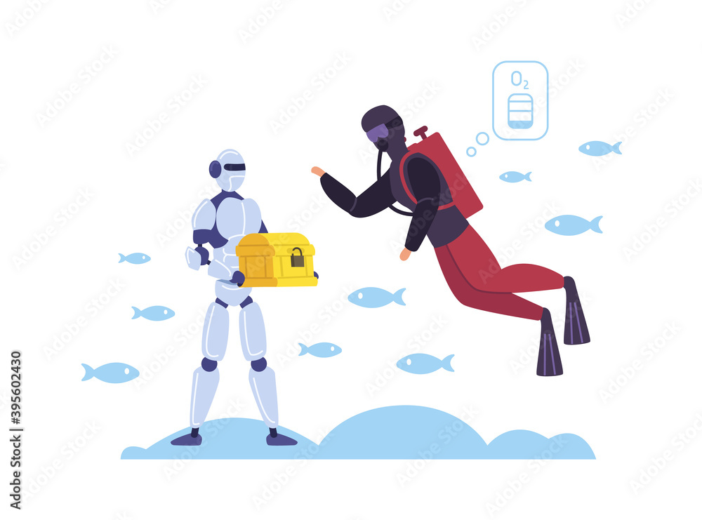 Fototapeta premium Man diving in scuba suit with special equipment as diving tank, robot holding treasure chest. Underwater landscape with fish. Modern technology, human vs artificial intelligence vector illustration